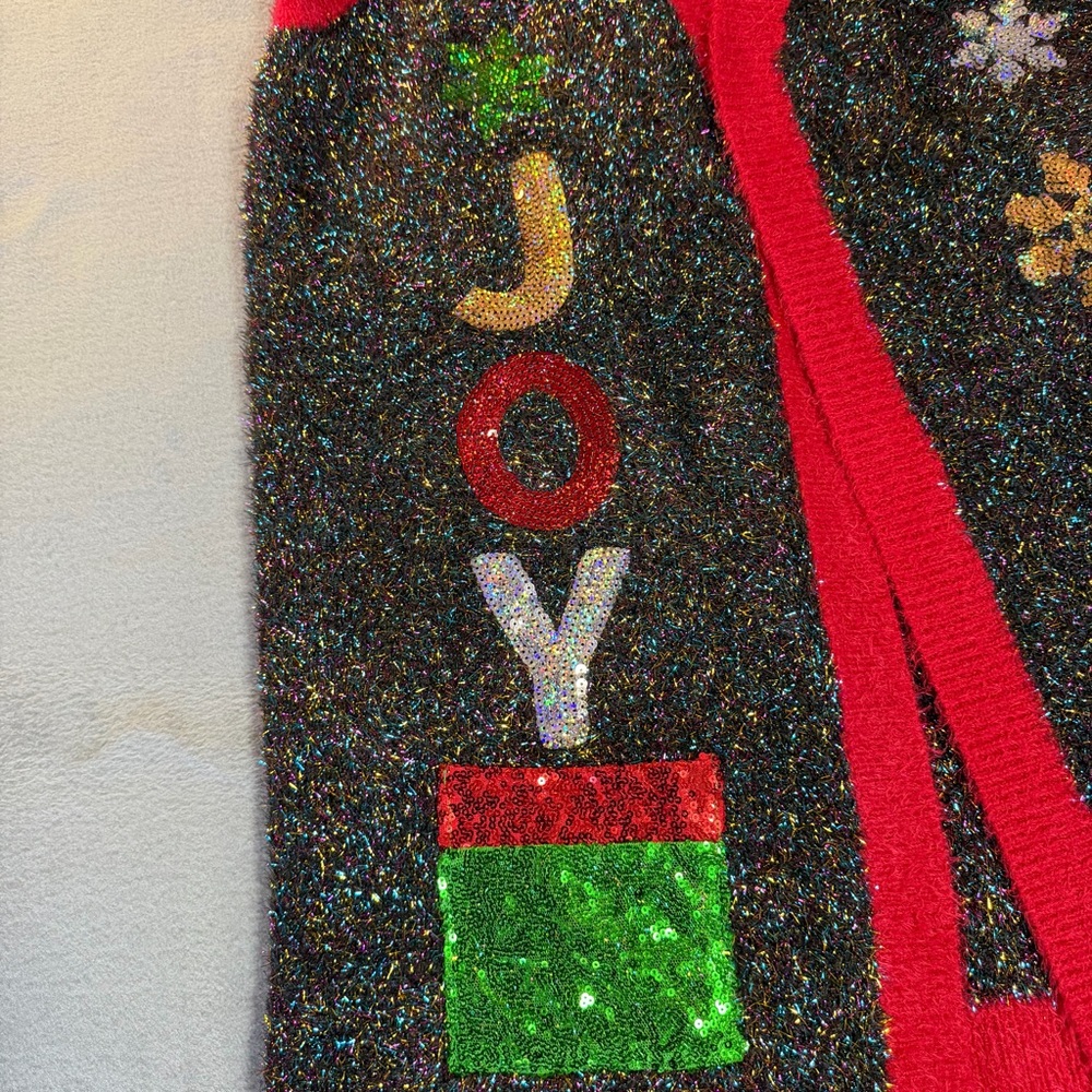 Christmas Sweater Ugly Festive Cardigan Tinsel Knit Vest L Grandmacore Xmas - Picture 6 of 10